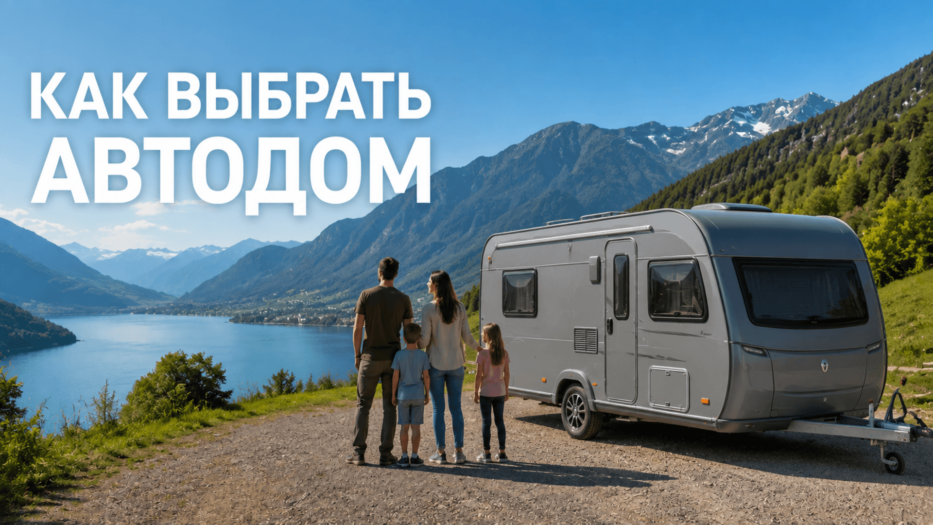 Семья выбирает автодом-прицеп для путешествий в горах у озера